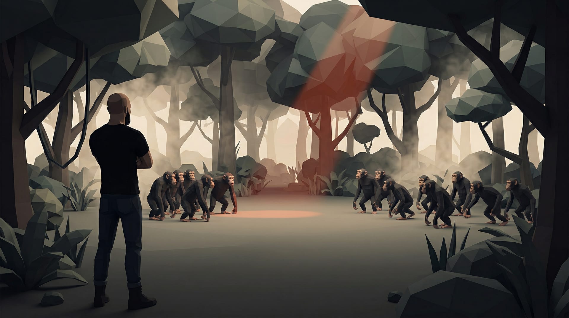 Low-poly scene of two chimpanzee factions facing off across a jungle clearing while a bald bearded figurine observes.
