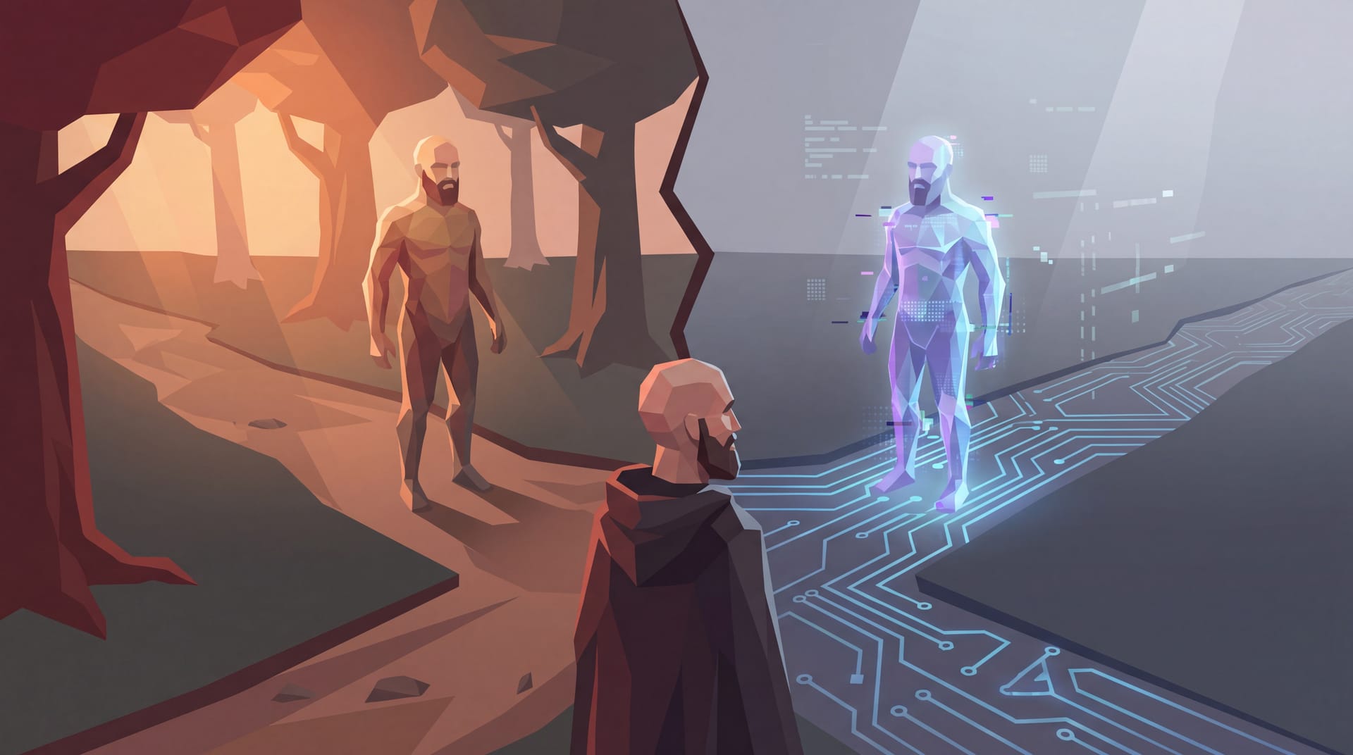 Low-poly scene of a bald bearded figurine at a crossroads between an organic warm world and a cold digital replica of himself.